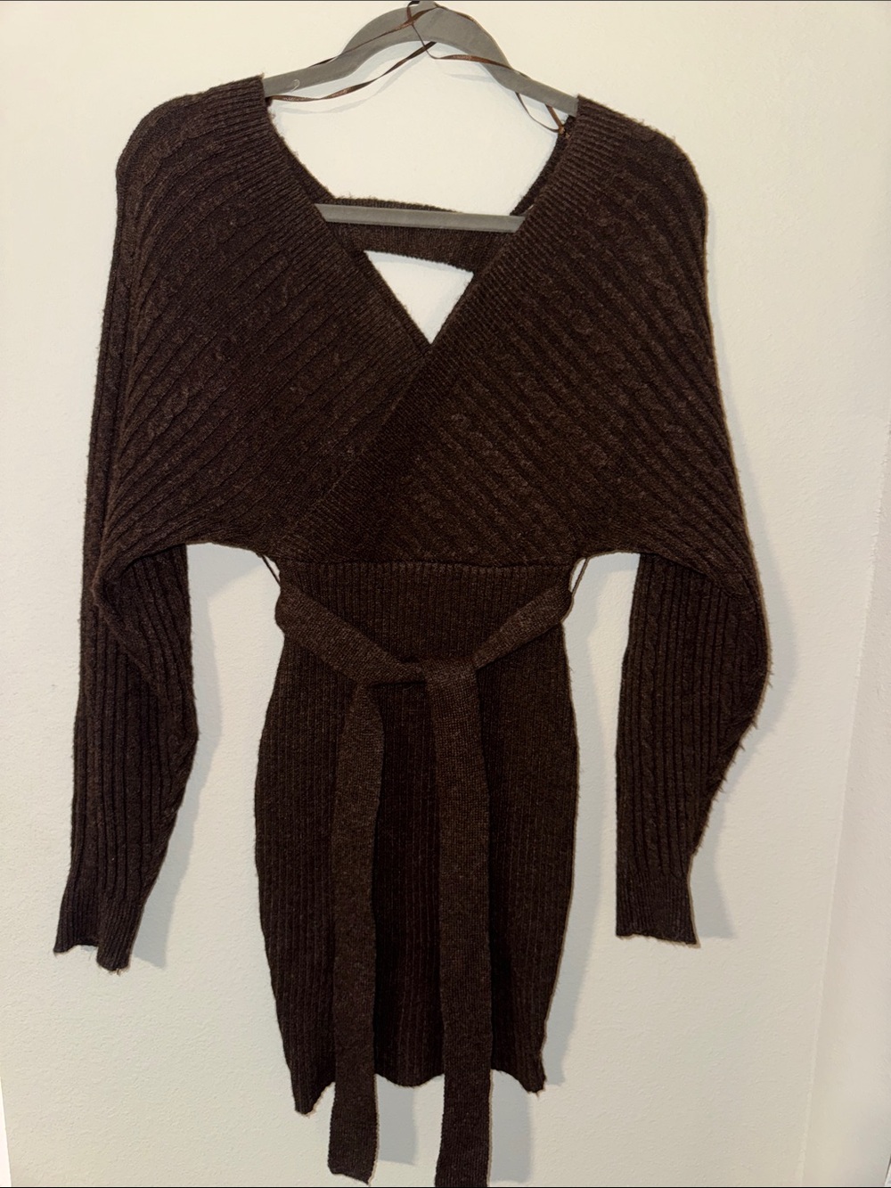 Windsor Dark Brown Ribbed Wrap Sweater Dress with Belt